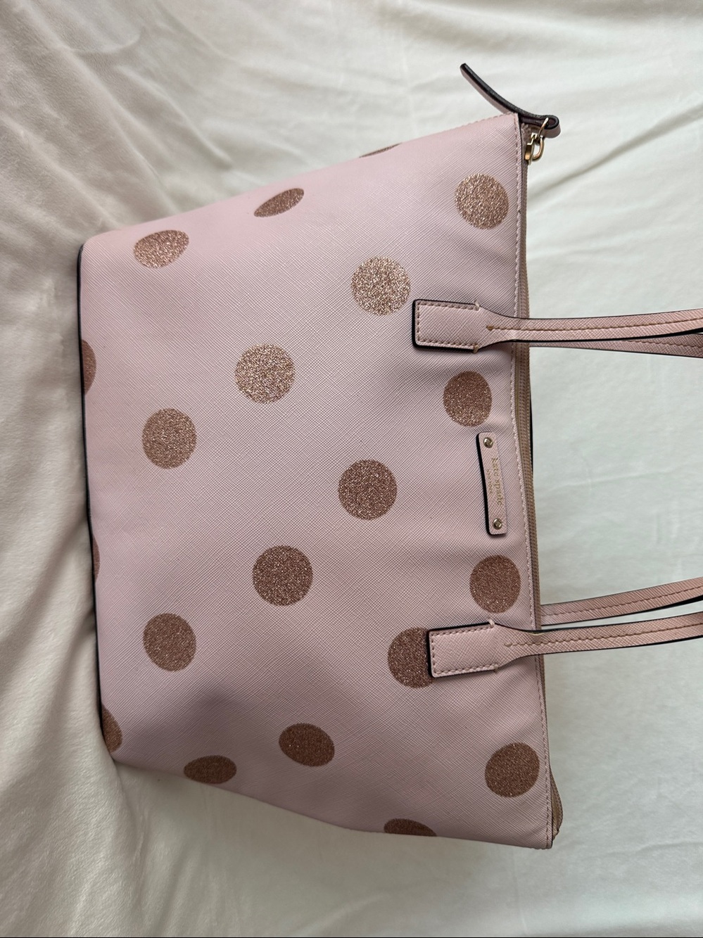 Kate Spade Polka Dot Tote Bag White Gold Large Shoulder Purse Cute Classic - Picture 2 of 10